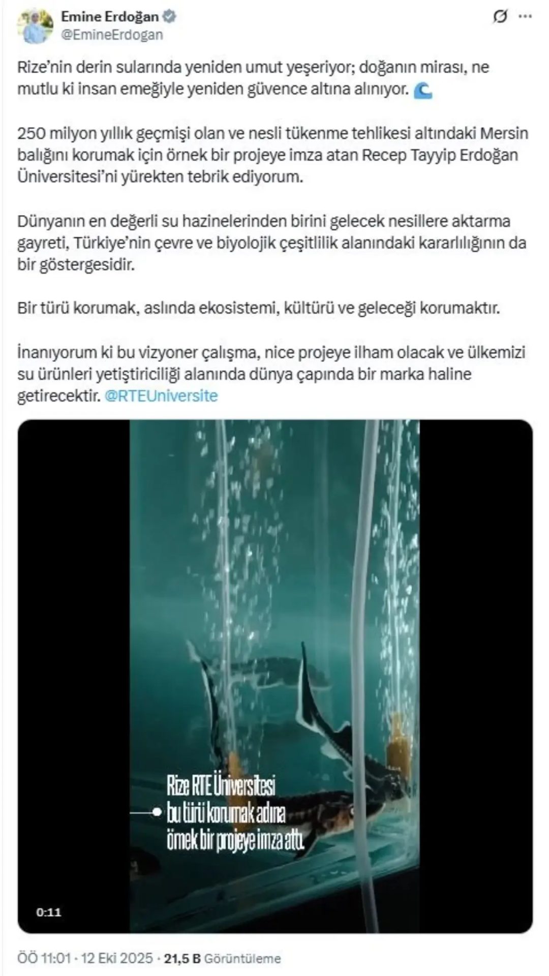 Emine Erdoğan’dan Mersin Balığı Koruma Projesine Destek